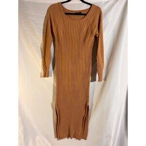Fashion Dress Women's M Tan Ribbed Boat Neck Bodycon Long Sleeve Midi
